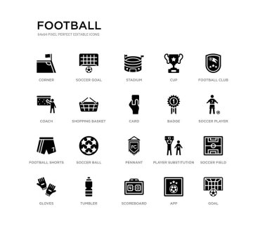 hedef, futbol sahası, futbol oyuncusu, futbol kulübü, App, skorbord, koç, fincan, stadyum, futbol gol gibi 20 siyah dolu vektör simgeleri ayarlayın. futbol siyah simgeler koleksiyonu. düzenlenebilir piksel