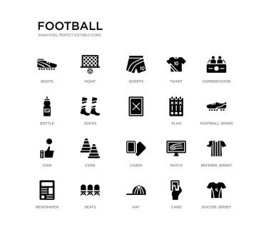 futbol forması, hakem jarse, futbol ayakkabıları, yorumcu, kart, şapka, şişe, tshirt, şort, nokta gibi 20 siyah dolu vektör simgeleri ayarlayın. futbol siyah simgeler koleksiyonu. düzenlenebilir piksel