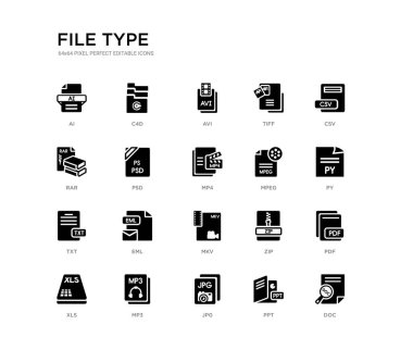 set of 20 black filled vector icons such as doc, pdf, py, csv, ppt, jpg, rar, tiff, avi, c4d. file type black icons collection. editable pixel perfect clipart