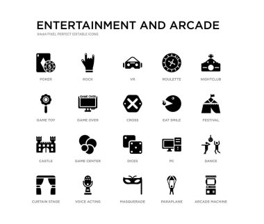 set of 20 black filled vector icons such as arcade machine, dance, festival, nightclub, paraplane, masquerade, game toy, roulette, vr, rock. entertainment and arcade black icons collection. editable clipart