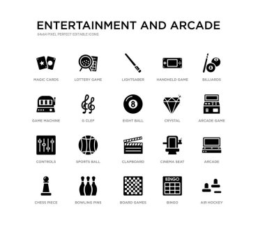 Hava hokeyi, Arcade, arcade oyunu, Bilardo, Bingo, Masa oyunları, oyun makinesi, el oyunu, ışın kılıcı, piyango eğlence ve arcade siyah simgeler gibi 20 siyah dolu vektör simgeleri seti