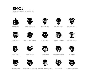 set of 20 black filled vector icons such as hypnotized emoji, ill emoji, imagine emoji, in love inju kissing with closed eyes nerd nervous ninja pensive black icons collection. editable pixel clipart