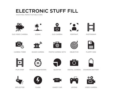 video kamera gibi 20 siyah dolu vektör simgeleri seti, pil şarj, disket, Photogram, joypad, kullanışlı cam, kamera Zamanlayıcı, portre, eski kamera, doğal. elektronik şeyler siyah simgeler doldurun