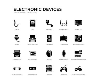 oyun denetleyicisi, kişisel bilgisayar, anakart, akıllı TV, joystick, sunucu, HDMI, ses kablosu, MagSafe, SSD gibi 20 siyah dolu vektör simgeleri ayarlayın. elektronik cihazlar siyah simgeler koleksiyonu.