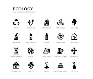 set of 20 black filled vector icons such as eco plant, eco turbine, ecologism, fruit tree, geothermal energy, geyser, pollution, recyclable, recycle bag, renewable. ecology black icons collection.