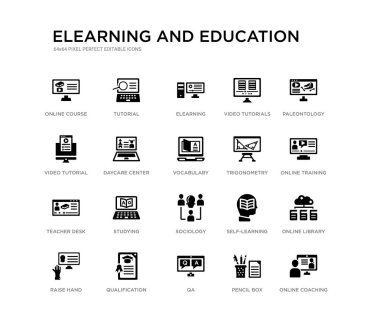 Online Koçluk, Online Kütüphane, online eğitim, paleontoloji, kalem kutusu, qa, video eğitimi, video öğreticiler, eLearning, öğretici gibi 20 siyah dolu vektör simgeleri ayarlayın. eLearning ve