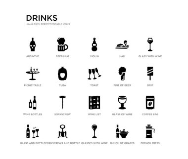 Fransız basın, kahve torbası, damla, şarap ile cam, üzüm demet, şarap ile gözlük, piknik masası, jambon, keman, bira kupa gibi 20 siyah dolu vektör simgeleri ayarlayın. içecekler siyah simgeler koleksiyonu.