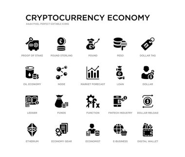 20 siyah dolu vektör simgeleri gibi Dijital Cüzdan, dolar yeniden, dolar, dolar etiketi, e-iş, ekonomist, petrol ekonomisi, peso, pound, Pound Sterling ayarlayın. cryptocurrency ekonomi siyah simgeler