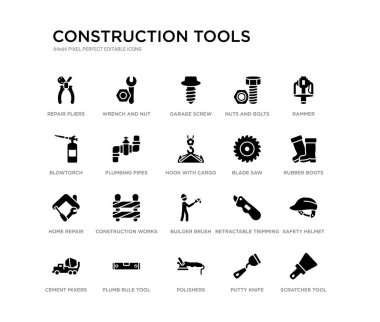 Scratcher Aracı, emniyet kask, kauçuk botlar, Rammer, macun bıçağı, parlatıcılar, Blowtorch, fındık ve cıvata, garaj vidası, anahtar ve somun gibi 20 siyah dolu vektör simgeleri ayarlayın. İnşaat araçları
