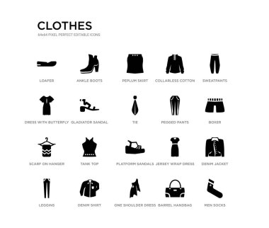 Erkek Çorap, denim ceket, Boxer, sweatshirt, varil çanta, tek omuz elbise, kelebek kollu elbise, kolsuz pamuk gömlek, peplum etek, ayak bileği gibi 20 siyah dolu vektör simgeleri seti