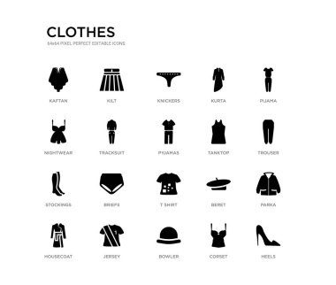 topuklu, parka, pantolon, pijama, korse, Bowler, nightwear, kurta, pantolonlar, kilt gibi 20 siyah dolu vektör simgeleri ayarlayın. Giysi siyah simgeler koleksiyonu. düzenlenebilir piksel mükemmel