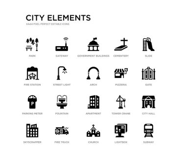 Metro, Belediye Binası, kapı, slayt, lightbox, kilise, itfaiye istasyonu, Cementery, hükümet binaları, ağ geçidi gibi 20 siyah dolu vektör simgeleri ayarlayın. Şehir elemanları siyah simgeler koleksiyonu. Düzenlen -ebilir