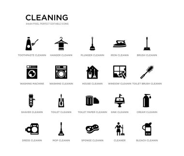 Set 20 siyah dolu vektör simgeleri gibi çamaşır suyu Cleanin, krem temiz, tuvalet fırçası Cleanin, fırça temizleyici, sünger yıkama makinesi demir piston askı Temizleme siyah simgeler koleksiyonu. Düzenlen -ebilir