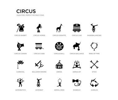 set of 20 black filled vector icons such as jugglin, stick, ring of fire, handbalancing, diabolo, aerial ring, circus canon, circus car, circus giraffe, horse. black icons collection. editable pixel clipart
