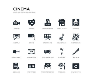 set of 20 black filled vector icons such as online movie, machete, photograms, premiere, producer, projector screen, subtitle, ticket office, ticket window, tragedy. cinema black icons collection.