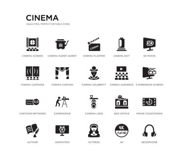 20 siyah dolu vektör simgeleri gibi kulaklık, film geri sayım, 3 boyut ekran, 3D film, 4k, aktris, sinema perdeleri, sinema çıkış, sinema Flapper, hurdy gurdy ayarlayın. siyah simgeler koleksiyonu.