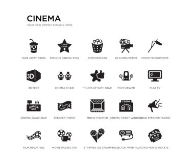 iki film biletleri, sağ bakan yüksek hoparlör, düz TV, film mikrofonu, fiş ile projektör, çıkartılmış dondurma koni, 3D metin, eski projektör, patlamış mısır gibi 20 siyah dolu vektör simgeleri seti