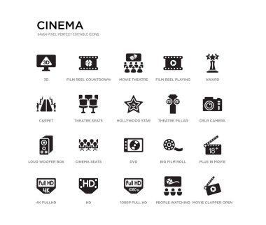 Film Klaket açık gibi 20 siyah dolu vektör simgeleri seti, artı 18 film, DSLR kamera, ödül, bir film izlerken insanlar, 1080p Full HD, halı, film reel oynarken, tiyatro, film reel geri sayım