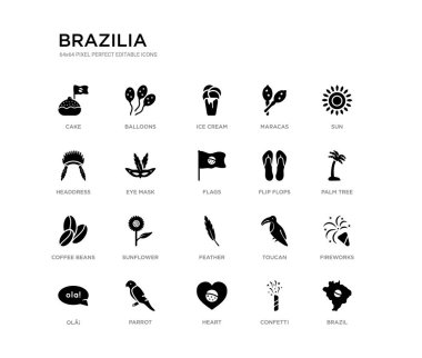 Brezilya, havai fişek, palmiye ağacı, Güneş, konfeti, kalp, headdress, Maracas, dondurma, balonlar gibi 20 siyah dolu vektör simgeleri ayarlayın. Brazilia siyah simgeler koleksiyonu. düzenlenebilir piksel mükemmel