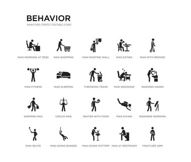 kırık kol gibi 20 siyah dolu vektör simgeleri seti, mühendis çalışma, el yıkama, kırık bacak ile adam, tuvalet adam, çömlek yapıyor adam, Fitness, yeme, boyama duvar, alışveriş. Davranış