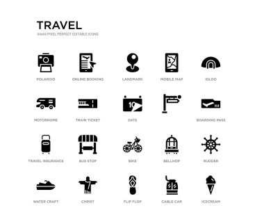 Set 20 siyah dolu vektör simgeleri gibi dondurma, dümen, biniş Pass, igloo, teleferik, Flip flop, motorev, mobil harita, dönüm noktası, online rezervasyon. seyahat siyah simgeler koleksiyonu. Düzenlen -ebilir