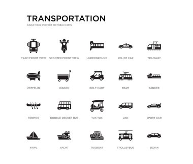 Sedan, spor araba, tanker, tramvay, Trolleybus, römorkör, zeplin, polis arabası, yeraltı, scooter ön görünümü gibi 20 siyah dolu vektör simgeleri ayarlayın. taşıma siyah simgeler koleksiyonu.