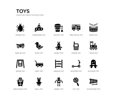 ksilofon oyuncak, ahtapot oyuncak, tren oyuncak, yangın kamyon kova denizaltı oyuncaklar siyah simgeler toplama robot binmek davul gibi 20 siyah dolu vektör simgeleri ayarlayın. düzenlenebilir piksel mükemmel