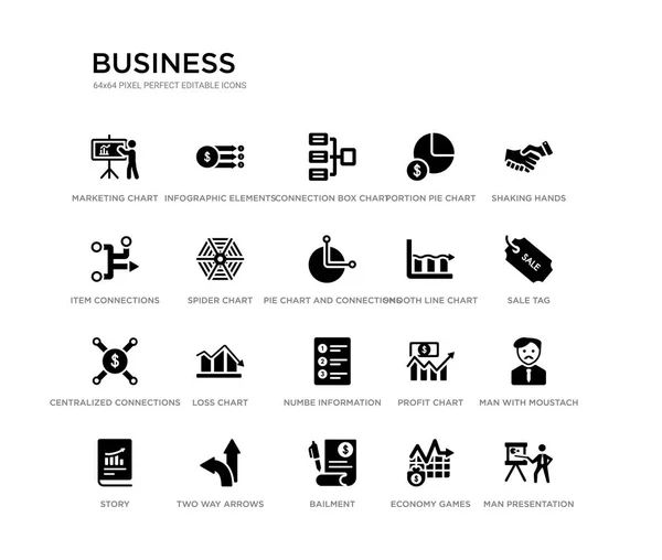 Jeu de 20 icônes vectorielles remplies de noir telles que la présentation de l'homme, l'homme avec moustach, étiquette de vente, serrer la main, jeux d'économie, renflouement, connexions d'article, diagramme à secteurs, diagramme de boîte de connexion , — Image vectorielle