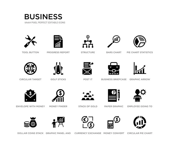 Set of 20 black filled vector icons such as circular pie chart, employee going to work, graphic arrow, pie chart statistics, money convert, currency exchange, circular target, bars chart, structure, — 图库矢量图片