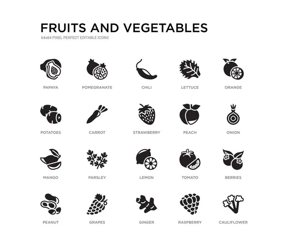 Набір з 20 чорних заповнених векторних іконок, таких як цвітна капуста, ягоди, цибуля, апельсин, малина, імбир, картопля, салат, чилі, гранат. Колекція чорних ікон з фруктів та овочів. можна редагувати — стоковий вектор