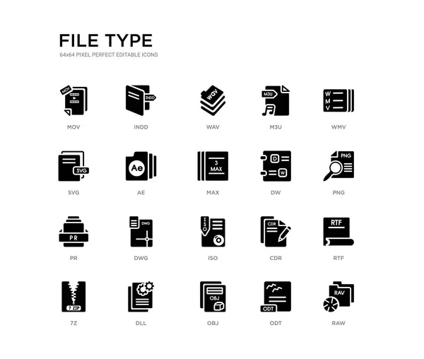 Uppsättning av 20 svart fyllda vektor ikoner som rå, RTF, png, WMV, ODT, obj, SVG, m3u, WAV, indd. filtyp svart ikoner samling. redigerbar pixel perfekt — Stock vektor