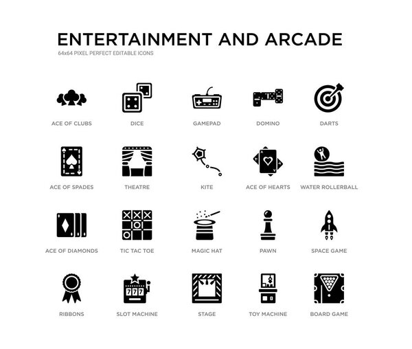 set of 20 black filled vector icons such as board game, space game, water rollerball, darts, toy machine, stage, ace of spades, domino, gamepad, dice. entertainment and arcade black icons