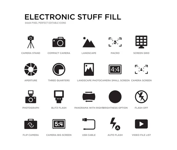 设置20个黑色填充矢量图标, 如视频文件列表, 闪光灯, 相机屏幕, 屏幕网格, 自动闪光灯, usb 电缆, 光圈, 宏, 景观, 紧凑型相机。电子材料填充黑色 — 图库矢量图片