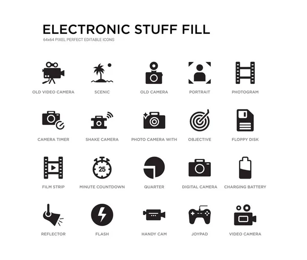 Uppsättning av 20 svart fyllda vektor ikoner som video kamera, laddning batteri, diskett, Photogram, joypad, Handy cam, kamera timer, porträtt, gamla kameran, natur sköna. elektroniska grejer fylla svarta ikoner — Stock vektor