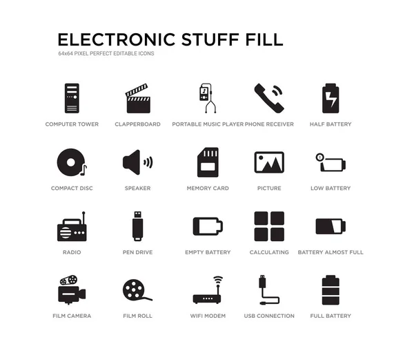 Set of 20 black filled vector icons such as full battery, battery almost full, low battery, half usb connection, wifi modem, compact disc, phone receiver, portable music player, clapperboard. — Stock Vector