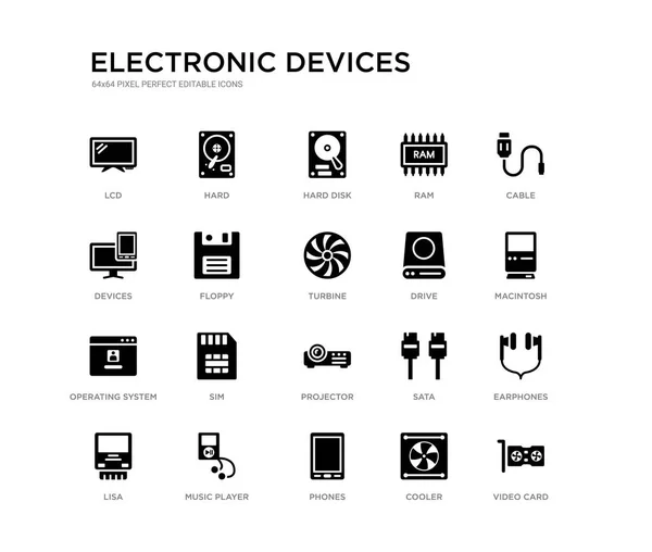 Sada 20 černě vyplněných vektorových ikon, jako je grafická karta, sluchátka, Macintosh, kabel, chladič, telefony, zařízení, RAM, pevný disk, tvrdý. kolekce černých ikon elektronických zařízení upravitelný pixel Perfect — Stockový vektor