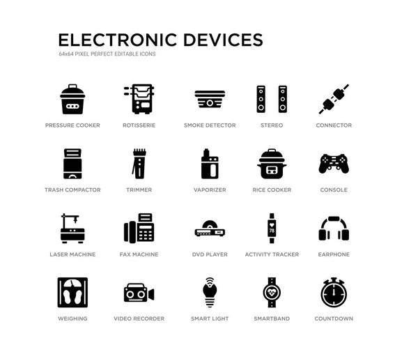 Conjunto de 20 iconos de vectores llenos de negro como cuenta atrás, auriculares, consola, conector, banda inteligente, luz inteligente, compactador de basura, estéreo, detector de humo, asador. dispositivos electrónicos iconos negros — Vector de stock