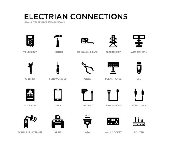Set of 20 black filled vector icons such as router, audio jack, usb, web camera, wall socket, vga, wrench, electricity, measuring tape, hammer. electrian connections black icons collection. editable — Stock Vector