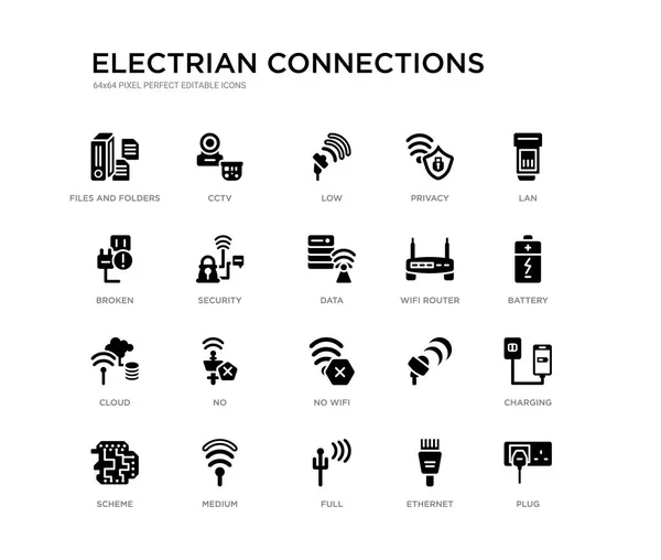 Conjunto de 20 negro lleno de iconos vectoriales como enchufe, carga, batería, lan, Ethernet, lleno, roto, privacidad, bajo, cctv. conexiones electrianas colección de iconos negros. píxel editable perfecto — Archivo Imágenes Vectoriales