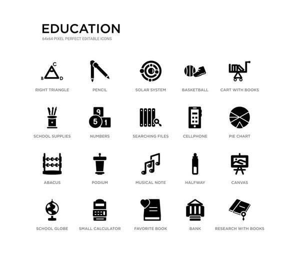 набор из 20 черных заполнены векторные иконки, такие как исследования с книгами, холст, круговая диаграмма, тележка с книгами, банк, любимая книга, школьные принадлежности, баскетбол, солнечная система, карандаш. образование черные иконы
