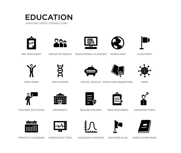 Zestaw 20 czarnych ikon wektorowych, takich jak twarda książka okładki, nieznany temat, wirus, punkt flagi, flaga lokalizacji, funkcja Gaussa, otwarte ramiona, mapa świata, Platforma edukacyjna, Grupa osób. — Wektor stockowy