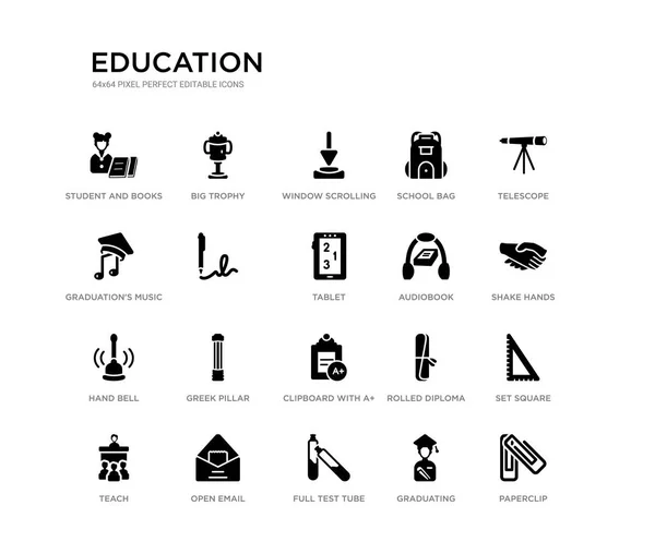 Set of 20 black filled vector icons such as paperclip, set square, shake hands, telescope, graduating, full test tube, graduation's music, school bag, window scrolling medium, big trophy. education — Stockový vektor