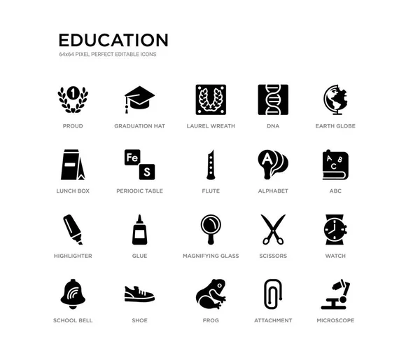 Zestaw 20 czarnych ikon wektorowych, takich jak Mikroskop, zegarek, ABC, Ziemia ziemska, przywiązanie, żaba, pudełko na lunch, DNA, wieniec laurowy, czapka dyplomowa. kolekcji czarnej ikony edukacji. edytowalny piksel — Wektor stockowy