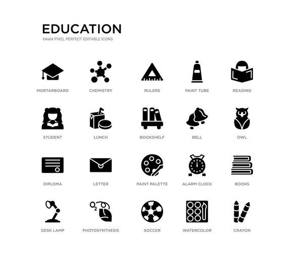 набор из 20 черных заполненных векторных икон, таких как карандаш, книги, сова, чтение, акварель, футбол, студент, краска трубки, линейки, химия. Образовательная черная коллекция. Съедобный пирог
