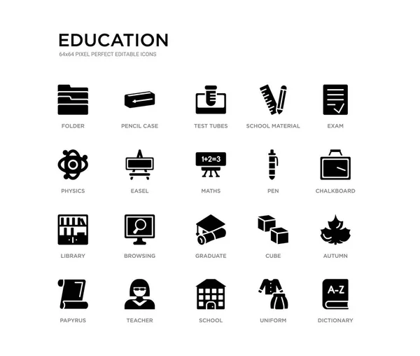 Zestaw 20 czarnych ikon wektorowych, takich jak słownik, jesień, tablica, egzamin, Uniform, Szkoła, fizyka, materiały szkolne, probówki, Piórnik. kolekcji czarnej ikony edukacji. edytowalny piksel — Wektor stockowy