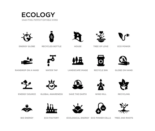 Zestaw 20 czarnych ikon wektorowych, takich jak drzewa i korzenie, recykling, kula na rękę, eko-moc, ekologiczne ogniwa energetyczne, ekologiczne źródło energii, kropla deszczu na rękę, drzewo miłości, dom, butelka z recyklingu. — Wektor stockowy