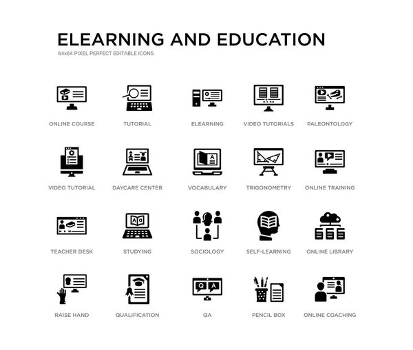 set of 20 black filled vector icons such as online coaching, online library, online training, paleontology, pencil box, qa, video tutorial, video tutorials, elearning, tutorial. elearning and