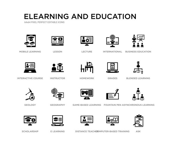 set of 20 black filled vector icons such as ask, asynchronous learning, blended learning, business education, computer-based training, distance teacher, interactive course, international, lecture,