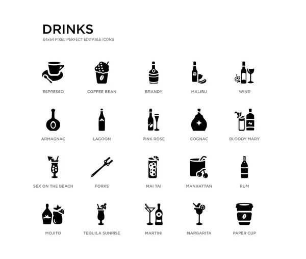 Conjunto de 20 iconos de vectores llenos de negro, tales como taza de papel, ron, María sangrienta, vino, margarita, martini, armagnac, malibú, brandy, grano de café. bebidas colección de iconos negros. píxel editable perfecto — Vector de stock