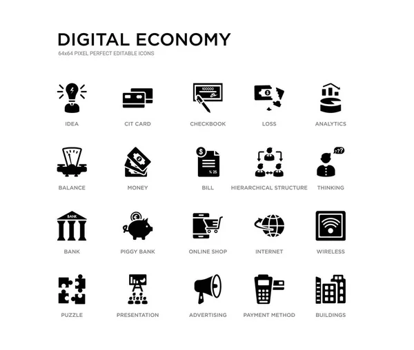 Uppsättning av 20 svart fyllda vektor ikoner som byggnader, trådlöst, tänkande, analys, betalnings metod, reklam, balans, förlust, check häfte, CIT-kort. digital ekonomi svart ikoner samling. — Stock vektor